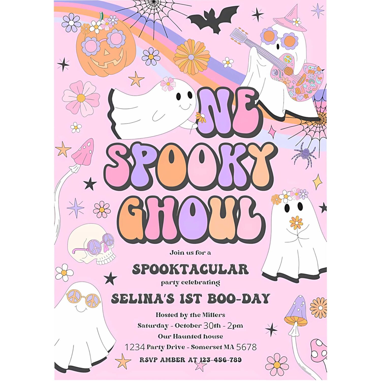 Editable one spooky ghoul halloween ghost 1st birthday invitation retro groovy rainbow ghost birthday hippie halloween instant download vu 4