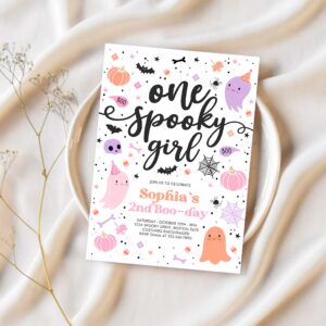 Editable one spooky girl cute pink ghost 1st birthday party invitation cute pink ghost 1st birthday spooktacular party instant download f6 1