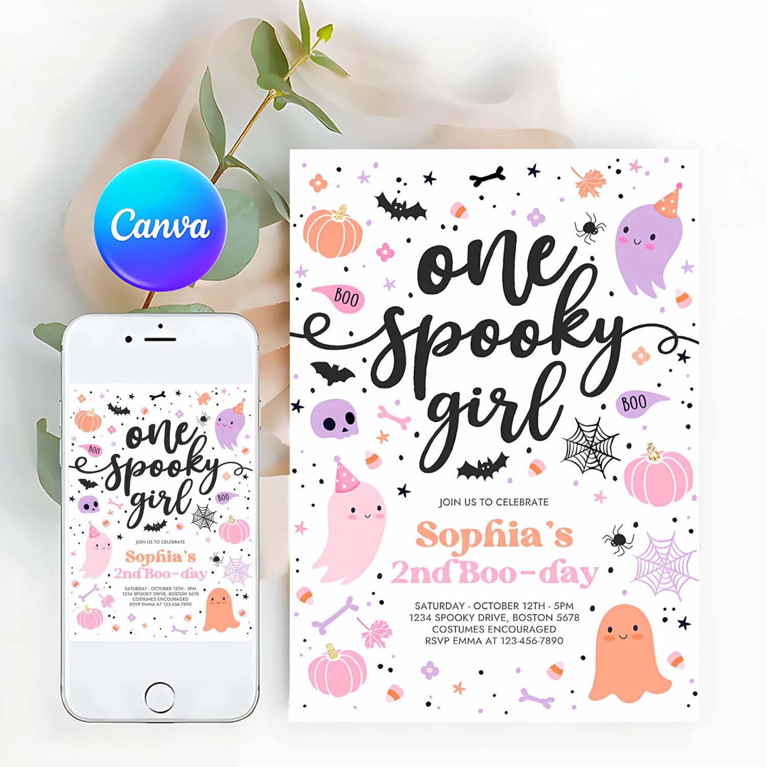 Editable one spooky girl cute pink ghost 1st birthday party invitation cute pink ghost 1st birthday spooktacular party instant download f6