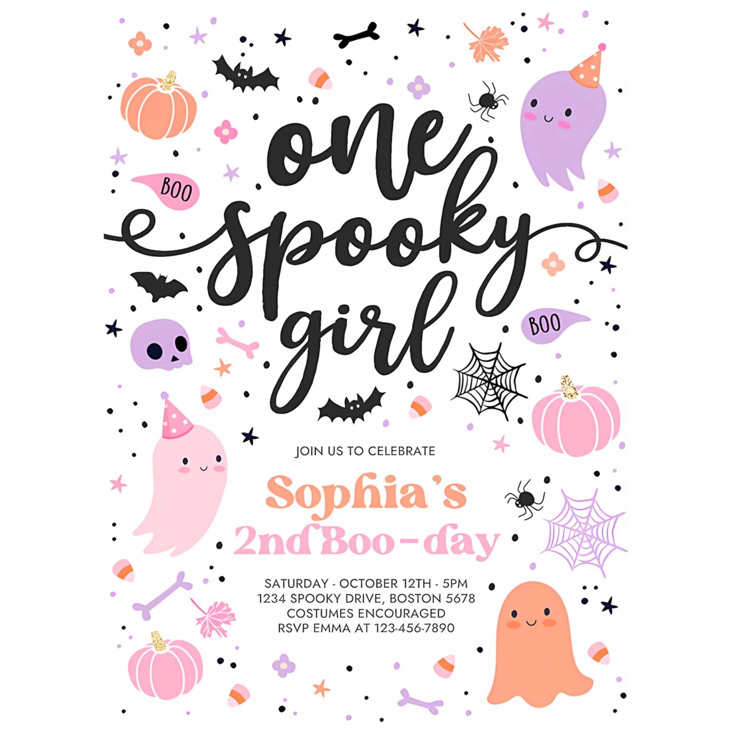 Editable one spooky girl cute pink ghost 1st birthday party invitation cute pink ghost 1st birthday spooktacular party instant download f6 4