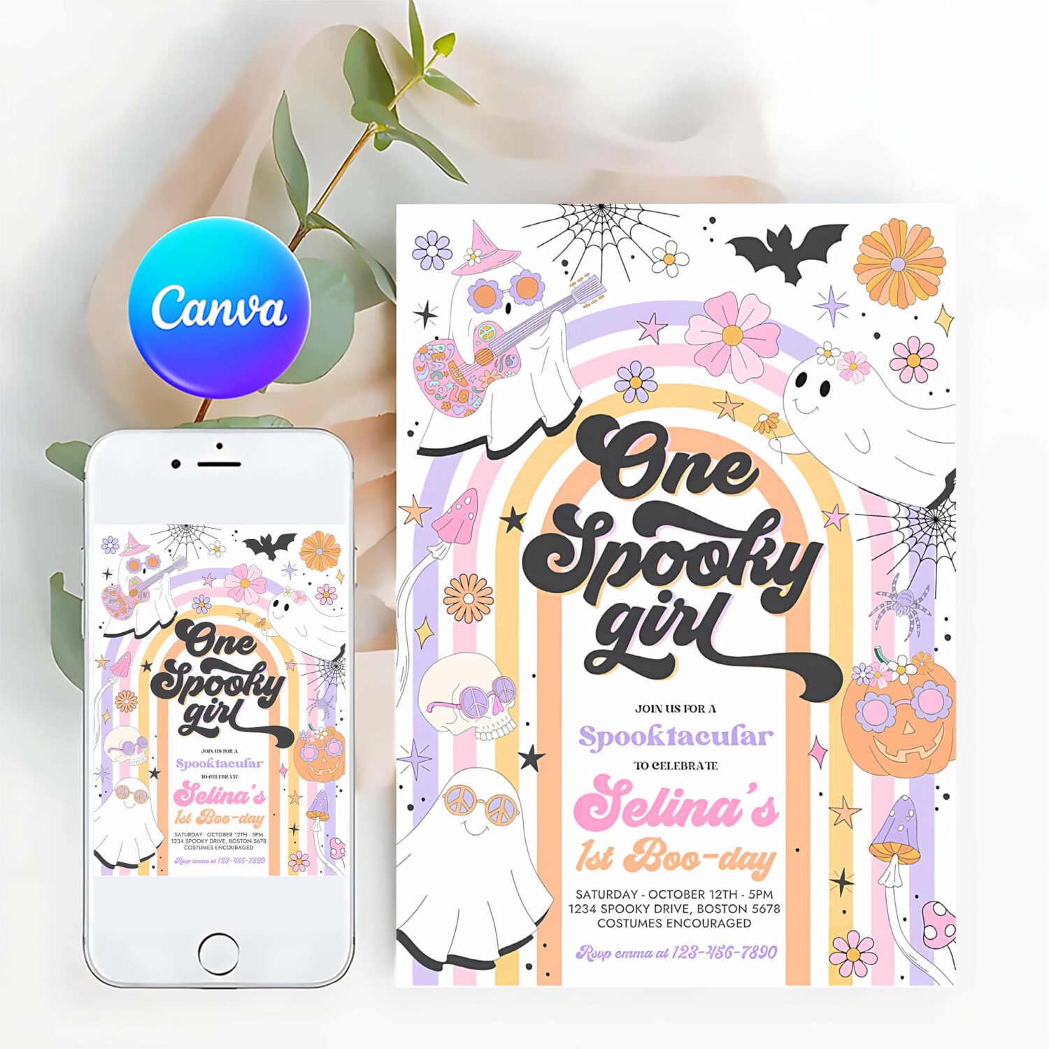 Editable one spooky girl halloween ghost 1st birthday invitation retro groovy rainbow ghost birthday hippie halloween instant download l3