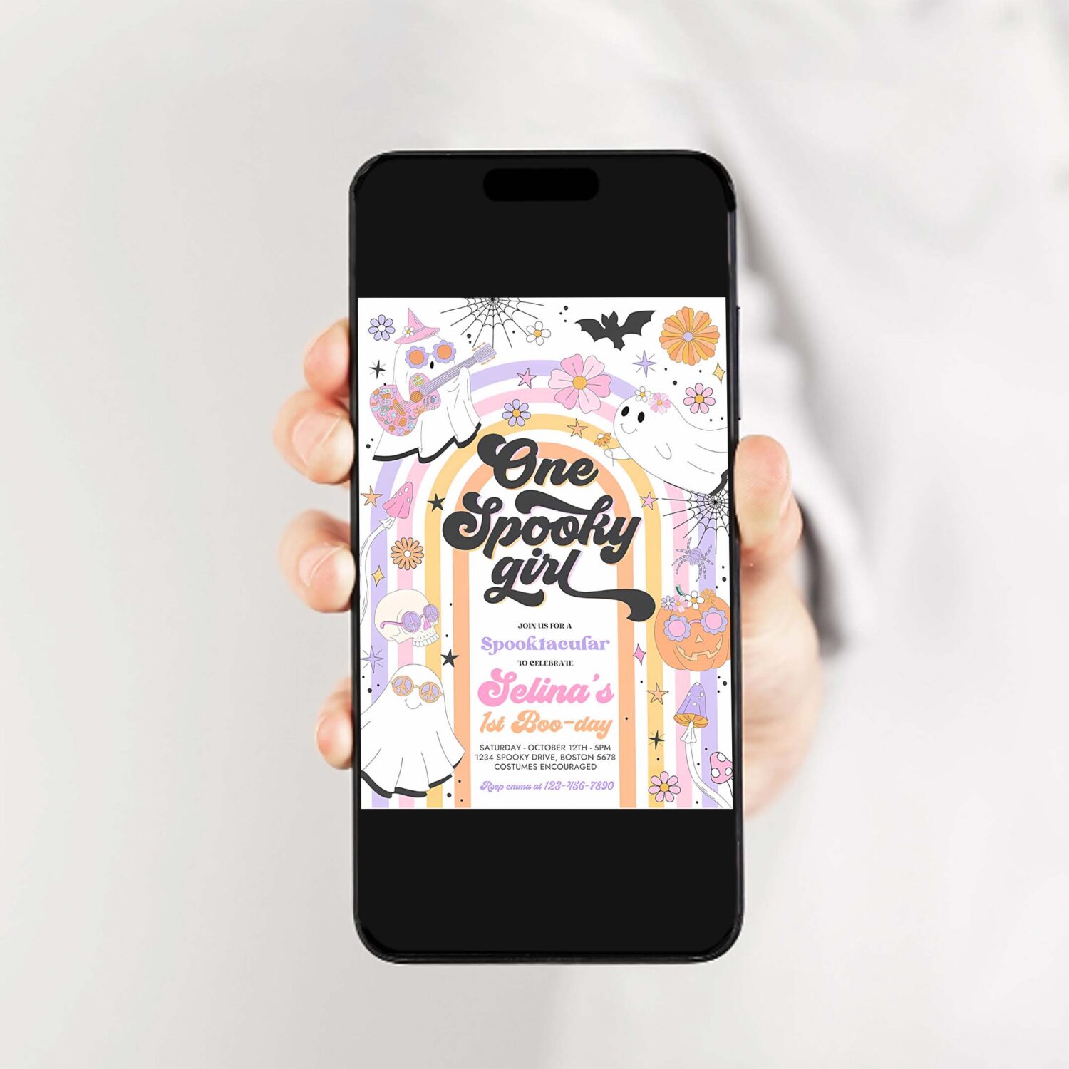 Editable one spooky girl halloween ghost 1st birthday invitation retro groovy rainbow ghost birthday hippie halloween instant download l3 2