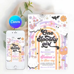 Spooky One Invitation, One Spooky Girl Halloween Ghost 1st Birthday Invitation Retro Groovy Rainbow Ghost Birthday Hippie Halloween