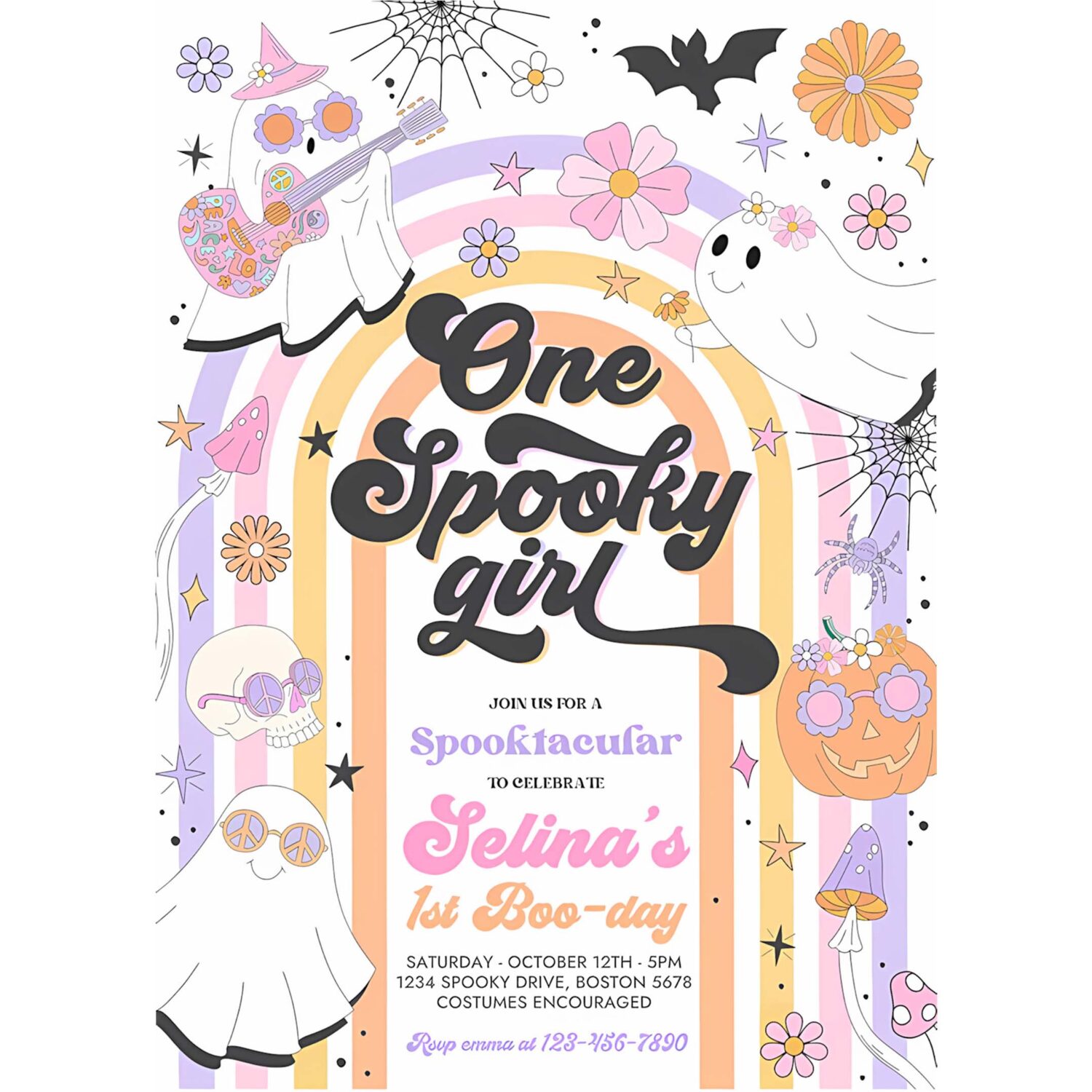 Editable one spooky girl halloween ghost 1st birthday invitation retro groovy rainbow ghost birthday hippie halloween instant download l3 4