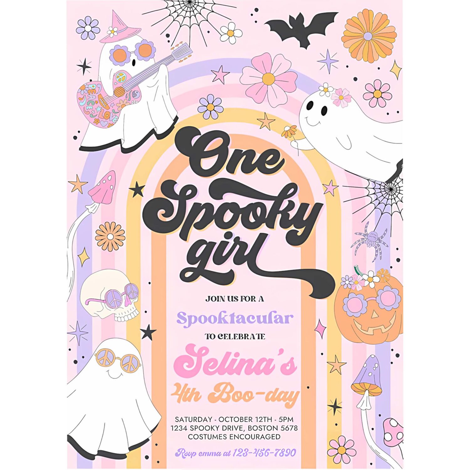 Editable one spooky girl halloween ghost 1st birthday invitation retro groovy rainbow ghost birthday hippie halloween instant download v6 4