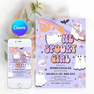 One Spooky Invitation, One Spooky Girl Halloween Ghost 1st Birthday Invitation Retro Groovy Rainbow Ghost Birthday Hippie Halloween