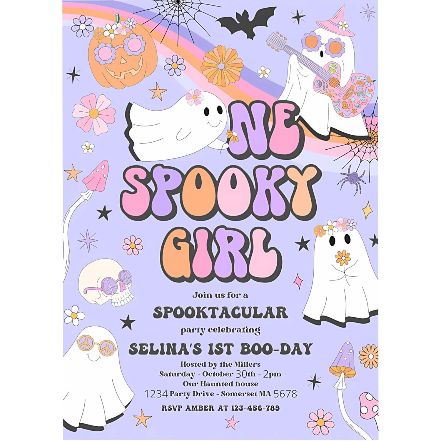 Editable one spooky girl halloween ghost 1st birthday invitation retro groovy rainbow ghost birthday hippie halloween instant download v7 4