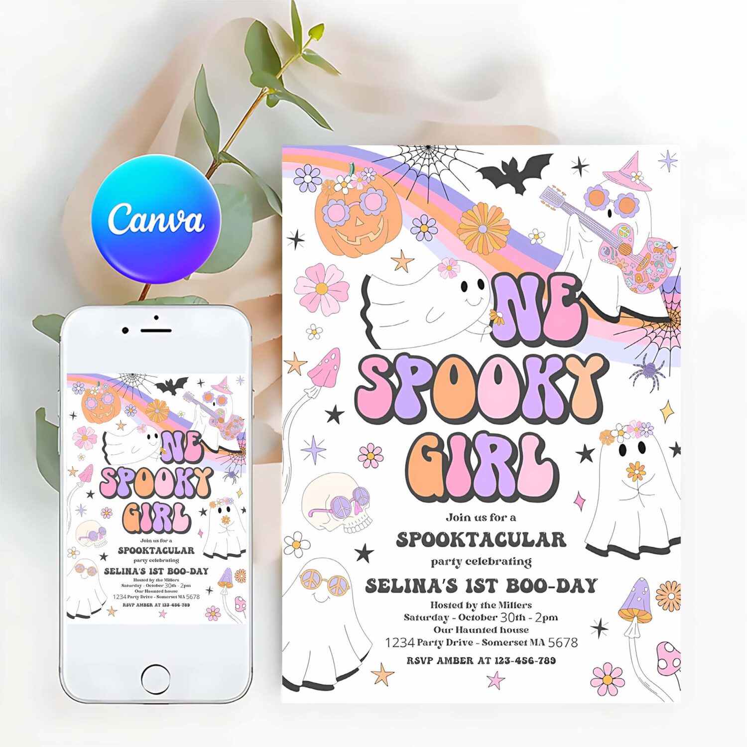 Editable one spooky girl halloween ghost 1st birthday invitation retro groovy rainbow ghost birthday hippie halloween instant download v9