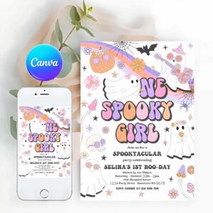 One Spooky Invitation, One Spooky Girl Halloween Ghost 1st Birthday Invitation Retro Groovy Rainbow Ghost Birthday Hippie Halloween