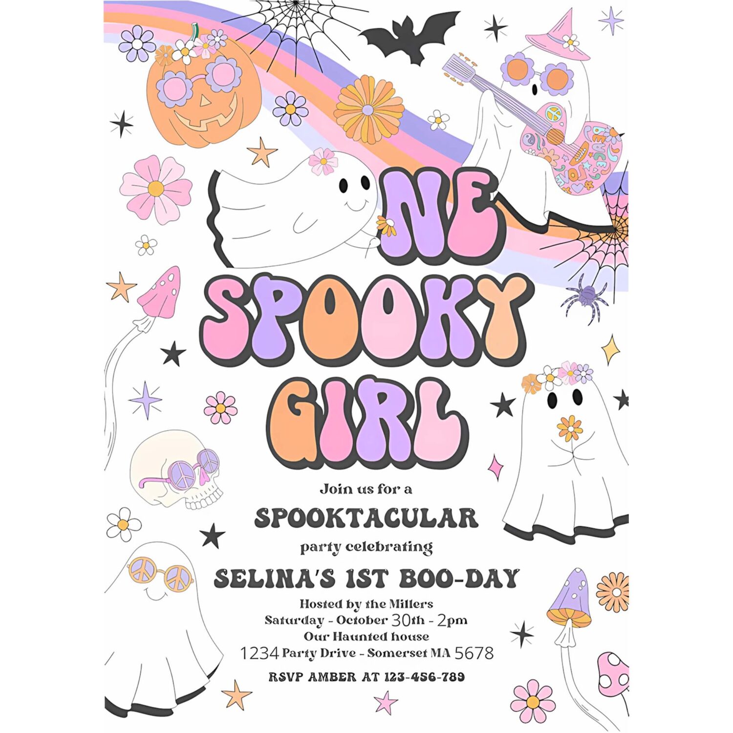 Editable one spooky girl halloween ghost 1st birthday invitation retro groovy rainbow ghost birthday hippie halloween instant download v9 4