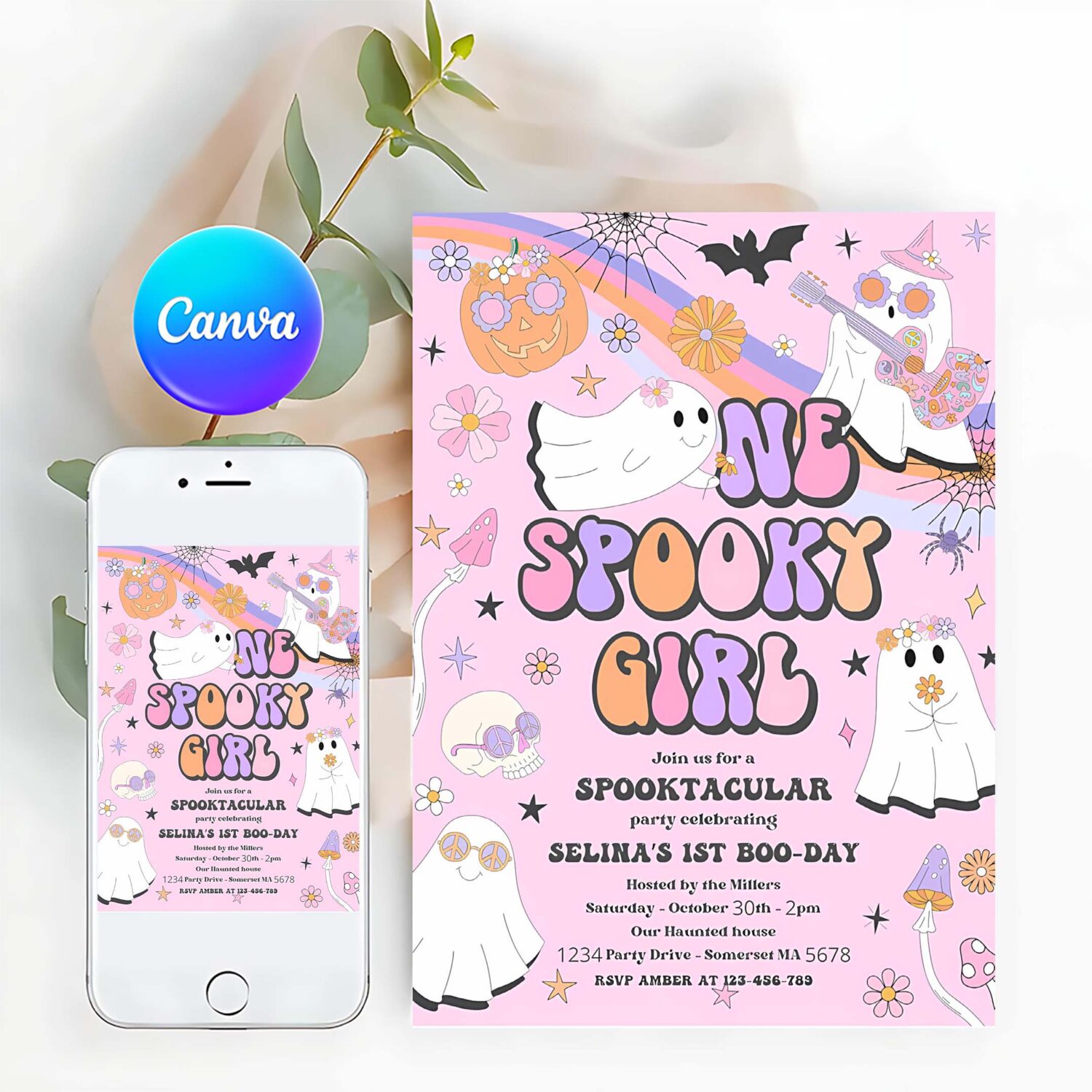 Editable one spooky girl halloween ghost 1st birthday invitation retro groovy rainbow ghost birthday hippie halloween instant download vu