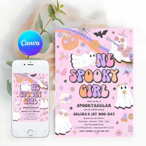 Spooky One Invitation, One Spooky Girl Halloween Ghost 1st Birthday Invitation Retro Groovy Rainbow Ghost Birthday Hippie Halloween