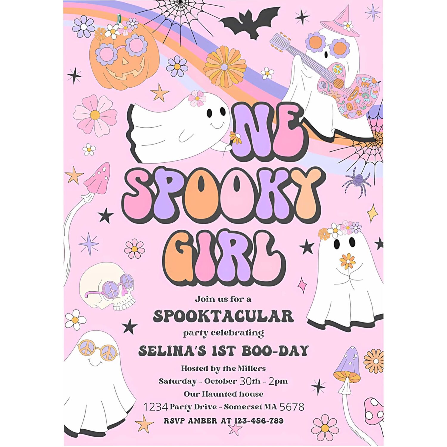 Editable one spooky girl halloween ghost 1st birthday invitation retro groovy rainbow ghost birthday hippie halloween instant download vu 4