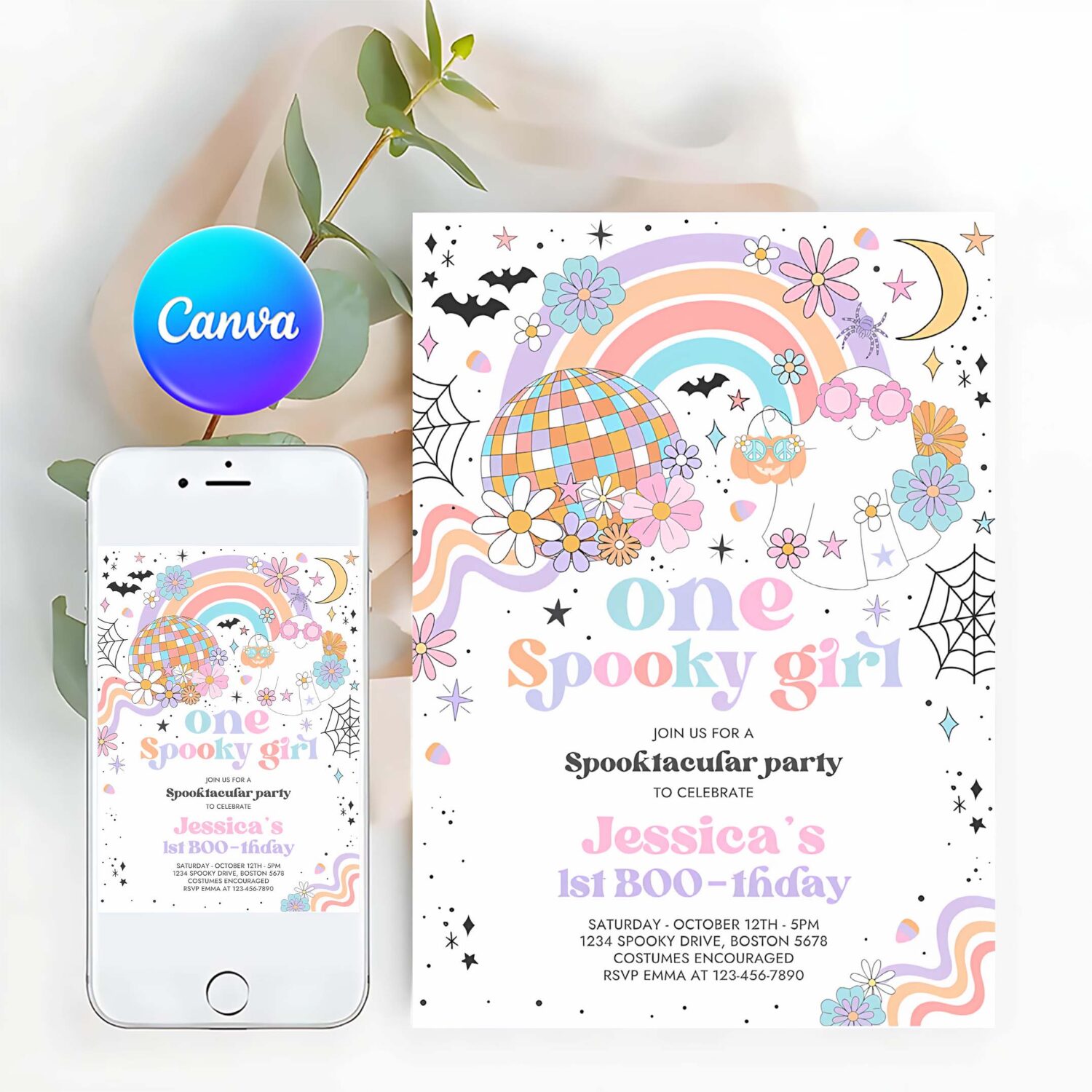 Editable one spooky girl halloween ghost 1st birthday party invitation groovy rainbow ghost party hippie halloween instant download 45g