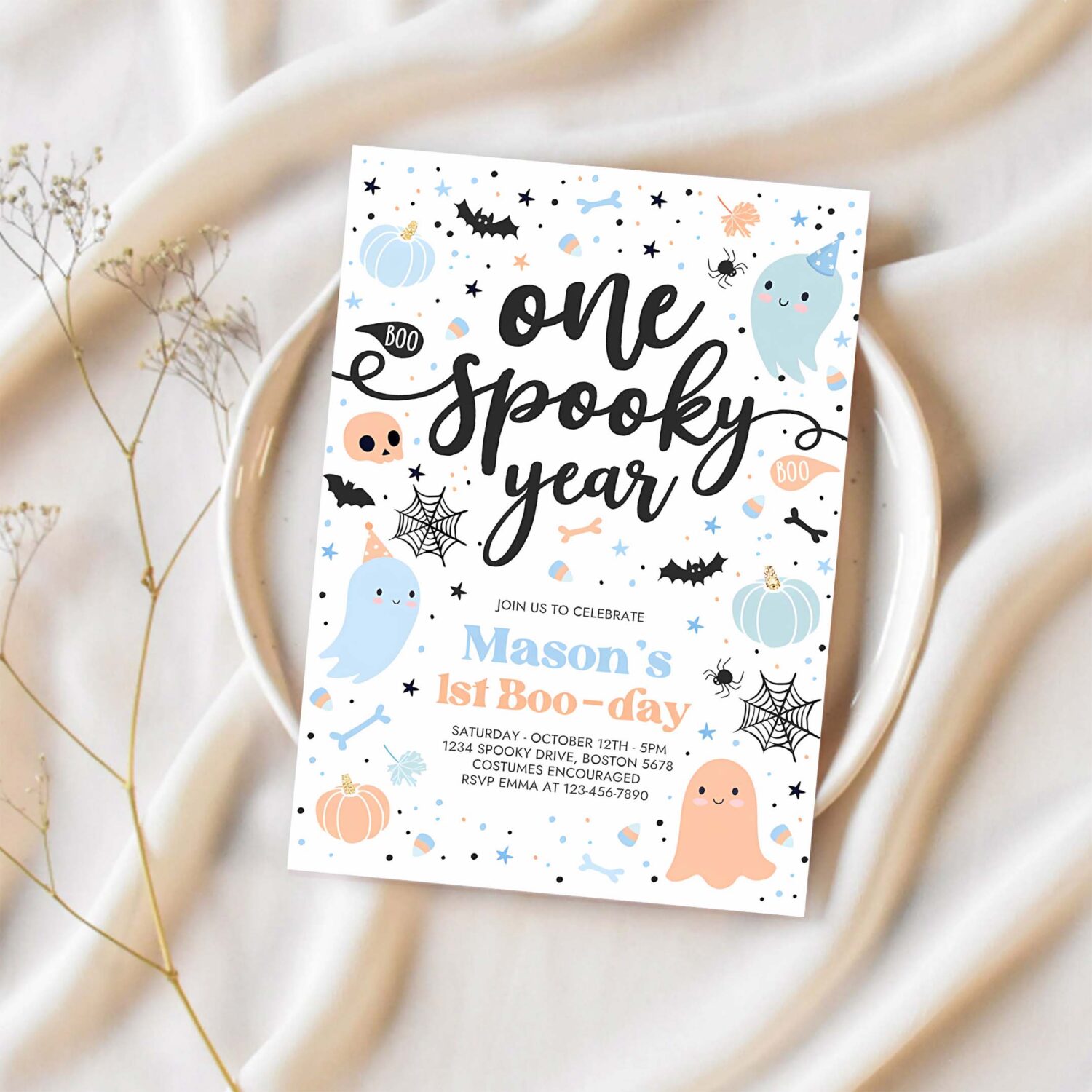 Editable one spooky year cute blue ghost 1st birthday party invitation cute boy ghost 1st birthday spooktacular party instant download dw 1