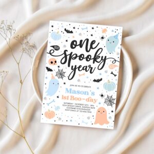 Editable one spooky year cute blue ghost 1st birthday party invitation cute boy ghost 1st birthday spooktacular party instant download dw 1