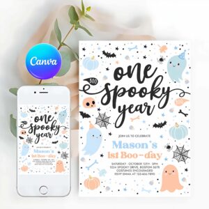 Spooktacular Invitation, One Spooky Year Cute Blue Ghost 1st Birthday Party Invitation Cute Boy Ghost 1st Birthday Spooktacular Party