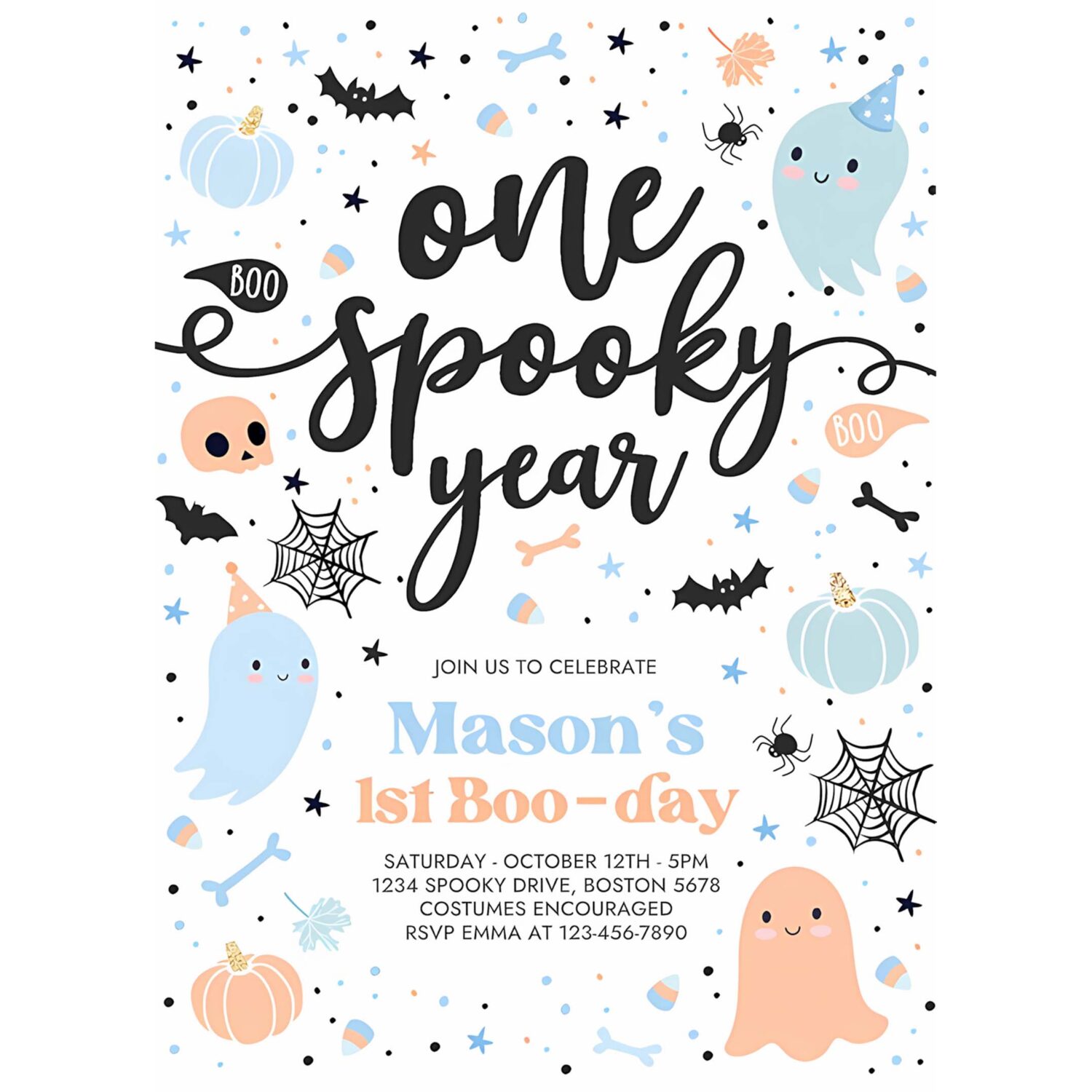 Editable one spooky year cute blue ghost 1st birthday party invitation cute boy ghost 1st birthday spooktacular party instant download dw 4