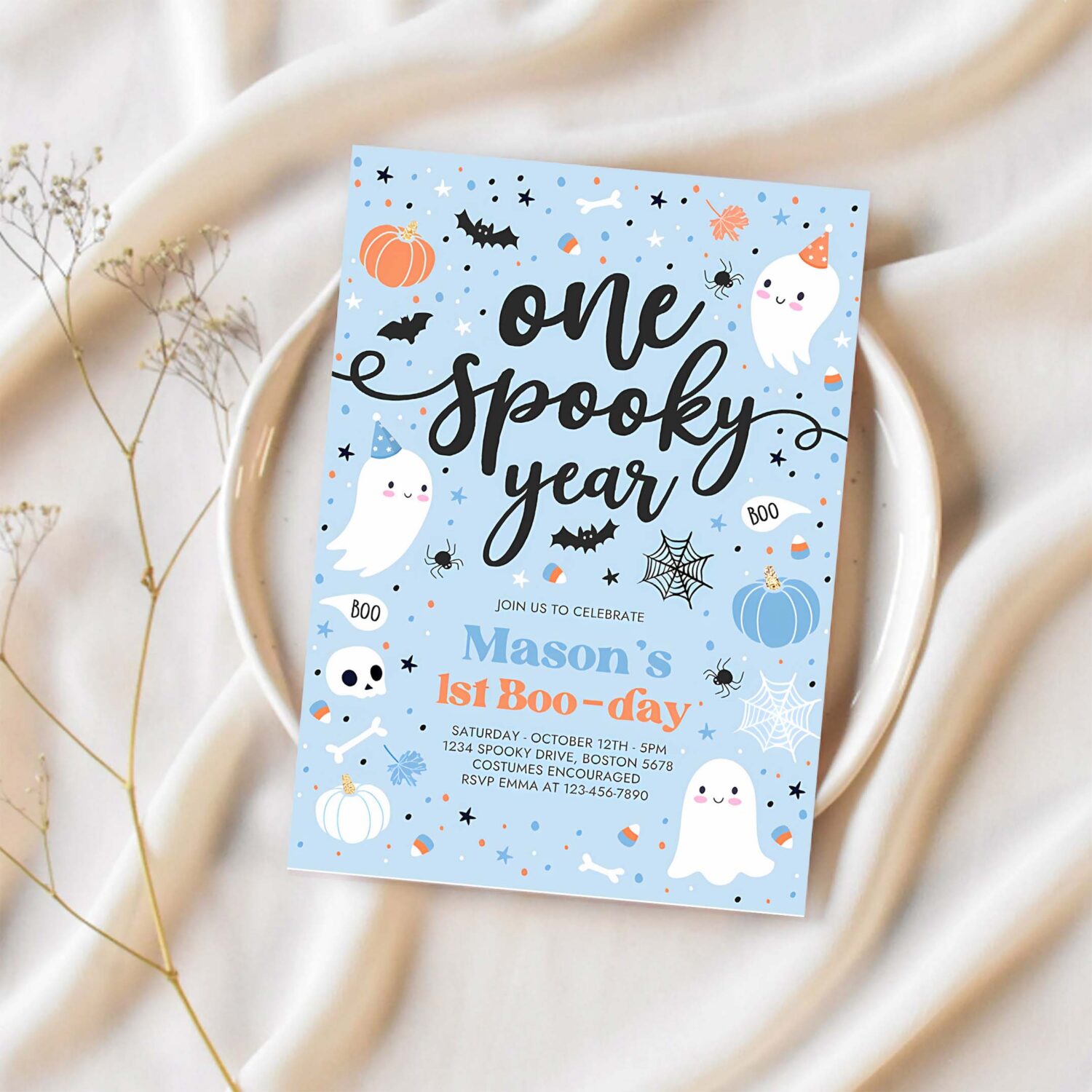 Editable one spooky year cute blue ghost 1st party invite cute boy ghost 1st birthday spooktacular party instant download dw 1