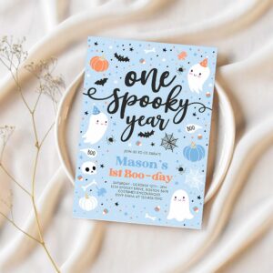 Editable one spooky year cute blue ghost 1st party invite cute boy ghost 1st birthday spooktacular party instant download dw 1