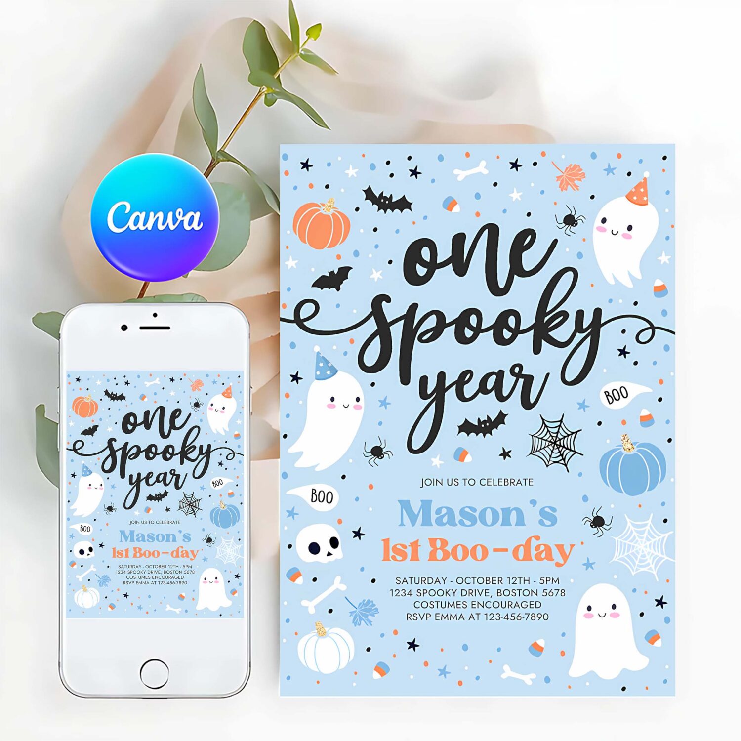 Editable one spooky year cute blue ghost 1st party invite cute boy ghost 1st birthday spooktacular party instant download dw