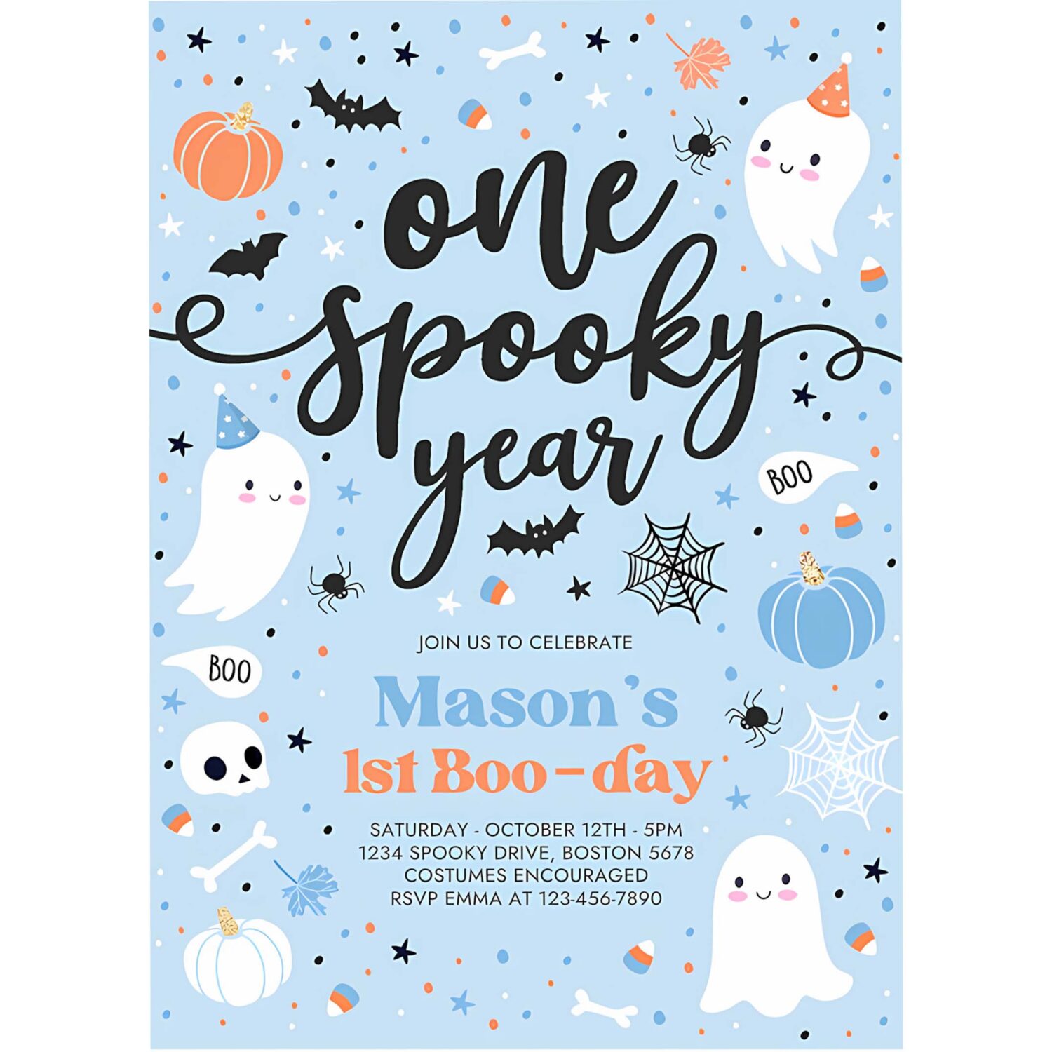 Editable one spooky year cute blue ghost 1st party invite cute boy ghost 1st birthday spooktacular party instant download dw 4