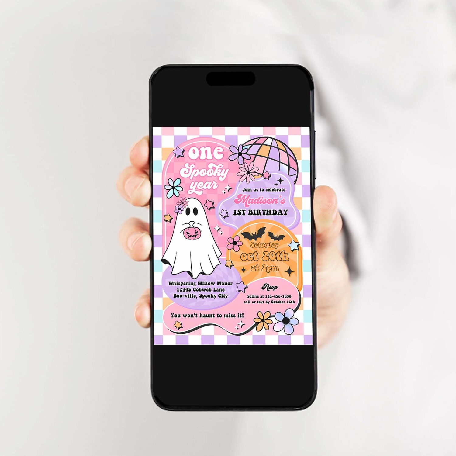 Editable one spooky year cute halloween ghost 1st birthday party invitation retro groovy ghost halloween party instant download tx4 2