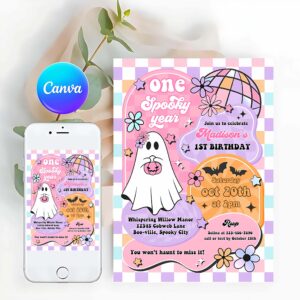 One Spooky Invitation, One Spooky Year Cute Halloween Ghost 1st Birthday Party Invitation Retro Groovy Ghost Halloween Party