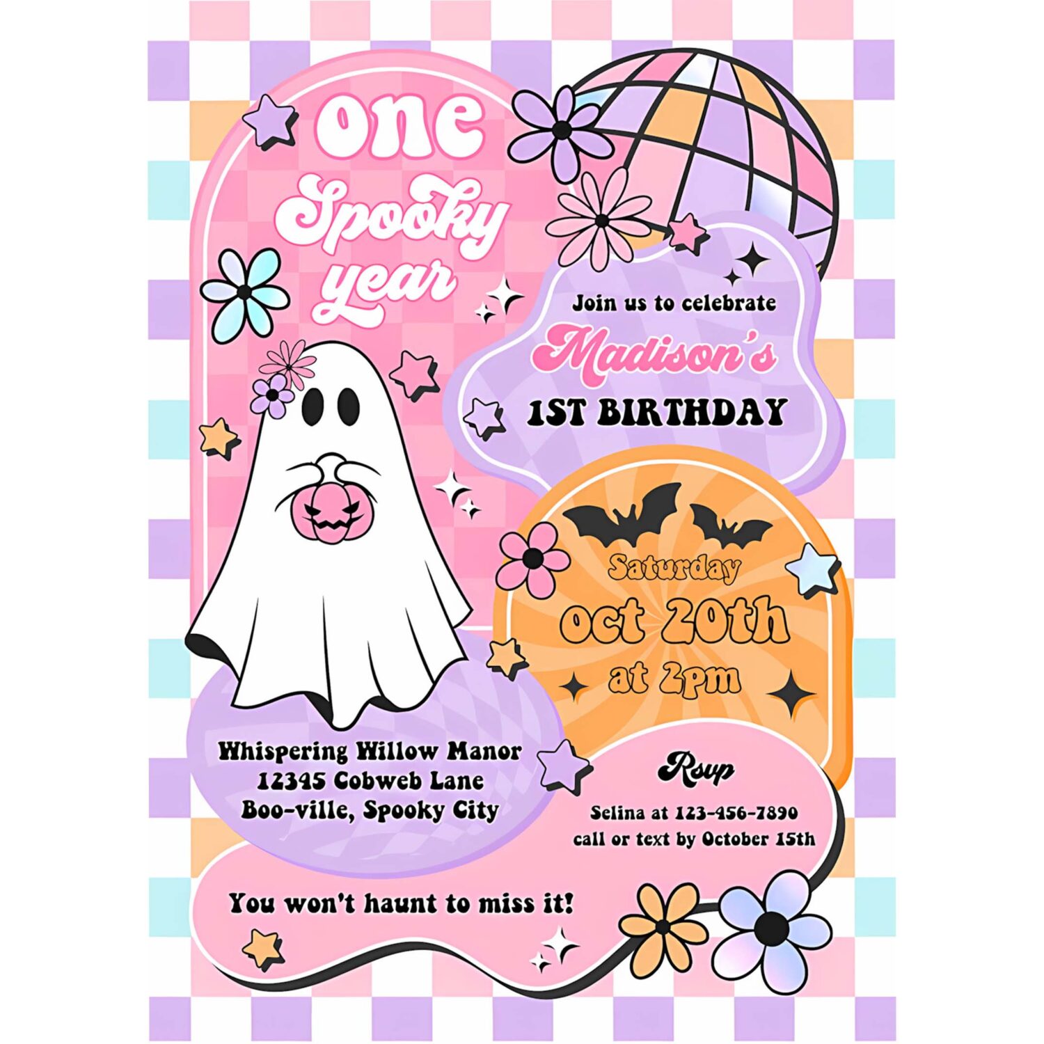 Editable one spooky year cute halloween ghost 1st birthday party invitation retro groovy ghost halloween party instant download tx4 4