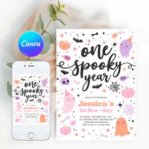 One Spooky Invitation, One Spooky Year Cute Pink Ghost 1st Birthday Party Invitation Cute Pink Ghost 1st Birthday Spooktacular Party