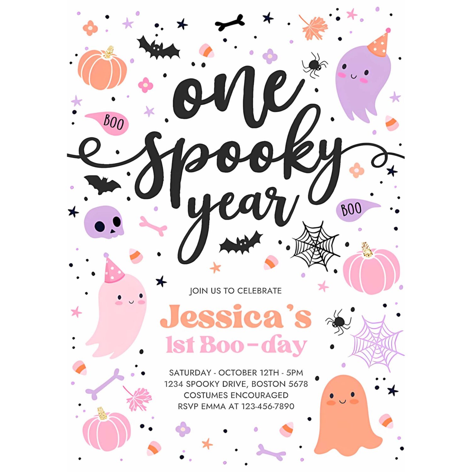 Editable one spooky year cute pink ghost 1st birthday party invitation cute pink ghost 1st birthday spooktacular party instant download f6 4