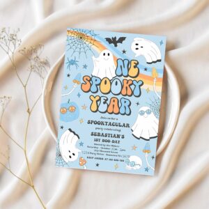 Editable one spooky year halloween ghost 1st birthday invitation retro groovy ghost birthday hippie halloween party instant download v1 1