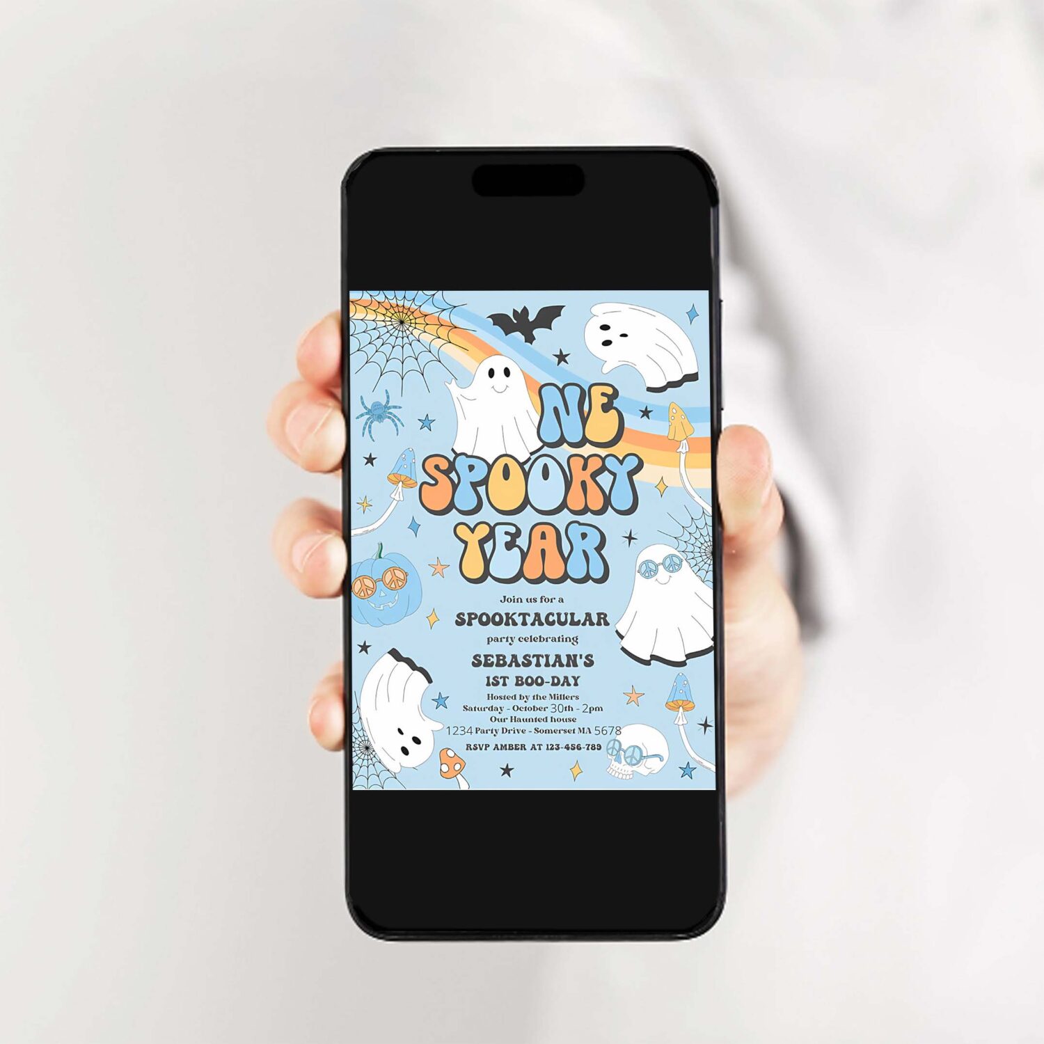 Editable one spooky year halloween ghost 1st birthday invitation retro groovy ghost birthday hippie halloween party instant download v1 2