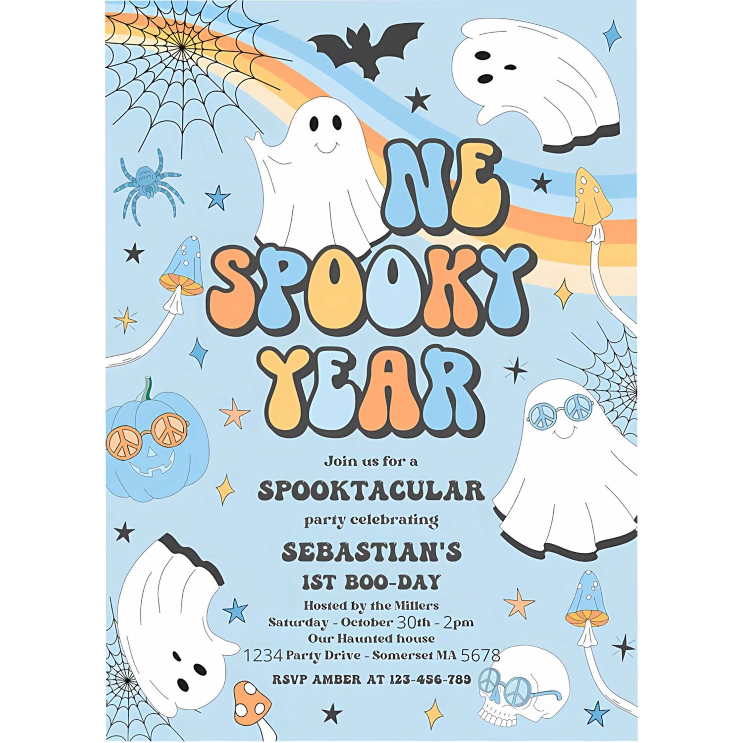Editable one spooky year halloween ghost 1st birthday invitation retro groovy ghost birthday hippie halloween party instant download v1 4