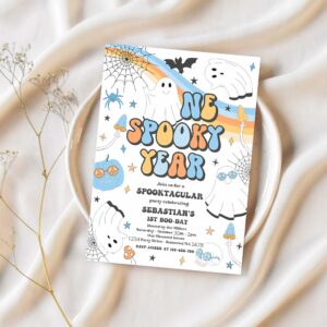 Editable one spooky year halloween ghost 1st birthday invitation retro groovy ghost birthday hippie halloween party instant download vaq 1