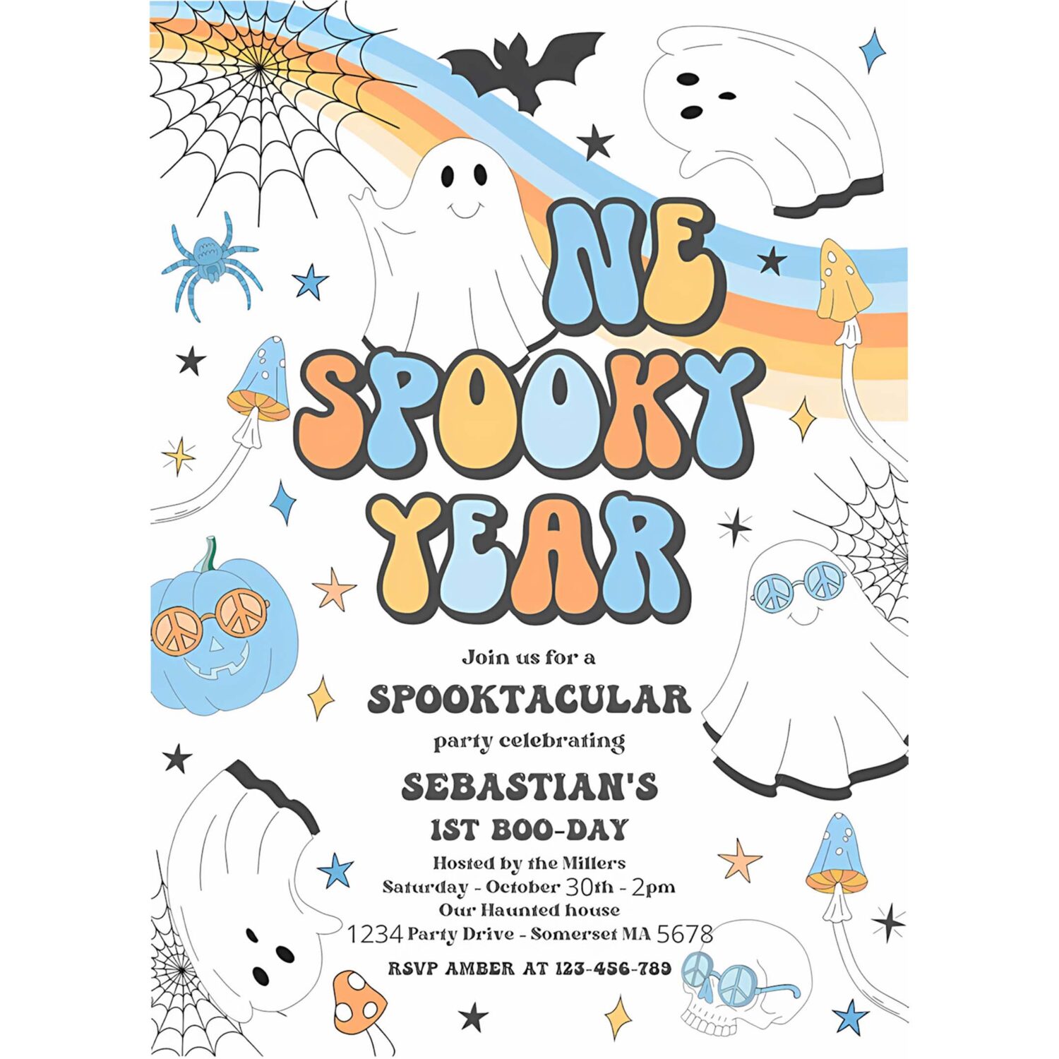 Editable one spooky year halloween ghost 1st birthday invitation retro groovy ghost birthday hippie halloween party instant download vaq 4
