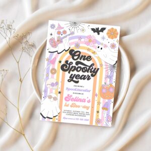 Editable one spooky year halloween ghost 1st birthday invitation retro groovy rainbow ghost birthday hippie halloween instant download l3 1