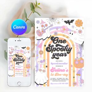 Spooky One Invitation, One Spooky Year Halloween Ghost 1st Birthday Invitation Retro Groovy Rainbow Ghost Birthday Hippie Halloween