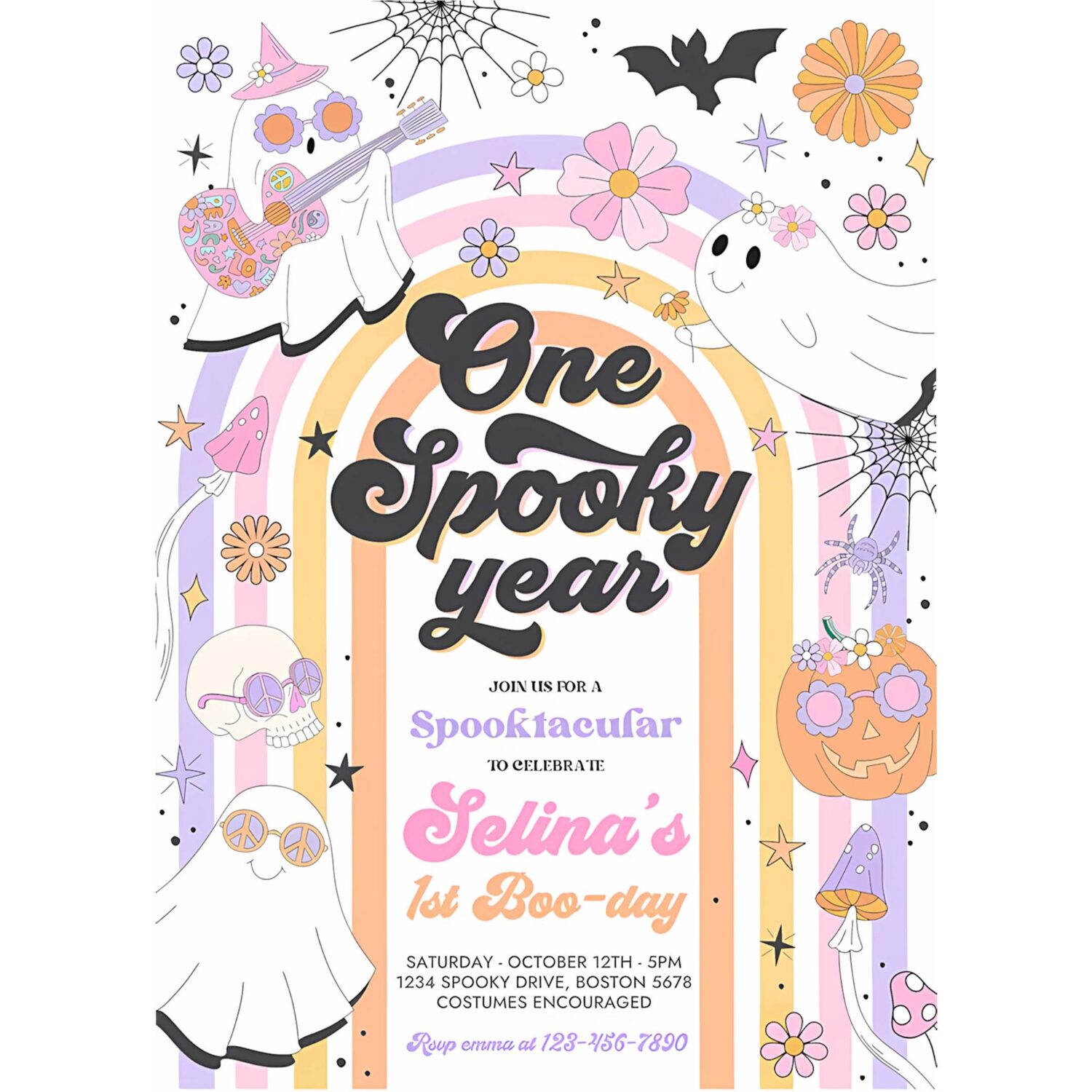 Editable one spooky year halloween ghost 1st birthday invitation retro groovy rainbow ghost birthday hippie halloween instant download l3 4
