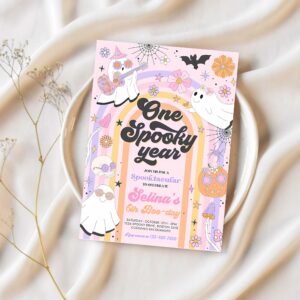 Editable one spooky year halloween ghost 1st birthday invitation retro groovy rainbow ghost birthday hippie halloween instant download v6 1