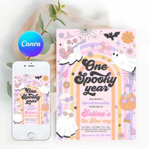 Spooky One Invitation, One Spooky Year Halloween Ghost 1st Birthday Invitation Retro Groovy Rainbow Ghost Birthday Hippie Halloween