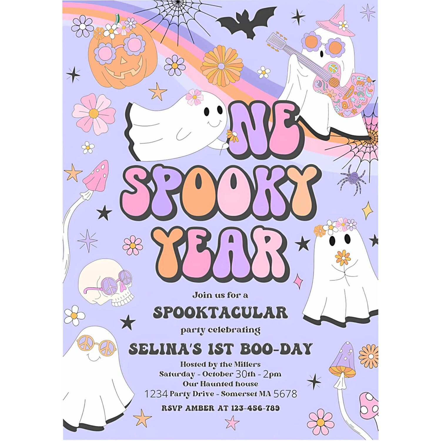 Editable one spooky year halloween ghost 1st birthday invitation retro groovy rainbow ghost birthday hippie halloween instant download v7 4