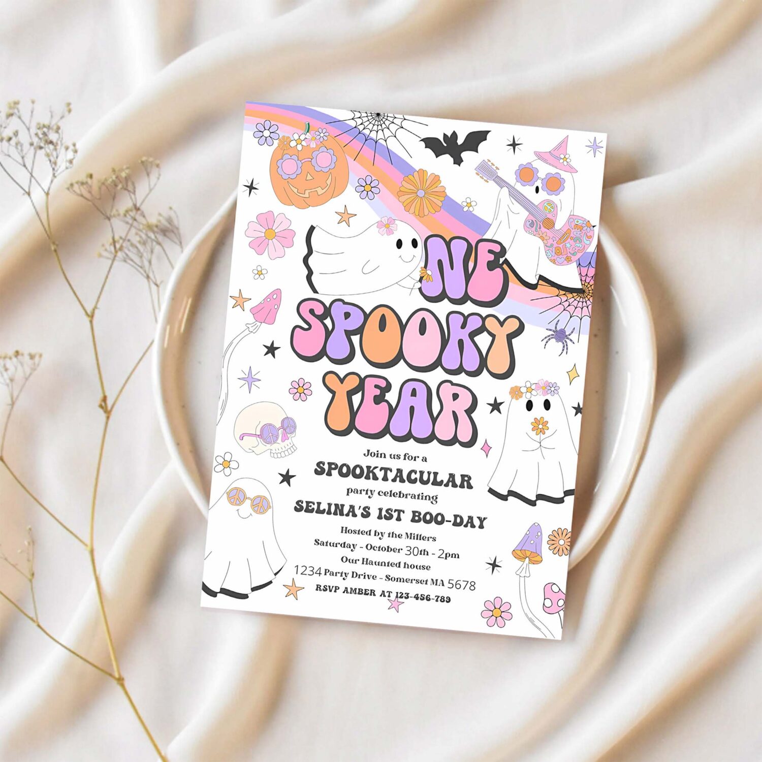 Editable one spooky year halloween ghost 1st birthday invitation retro groovy rainbow ghost birthday hippie halloween instant download v9 1