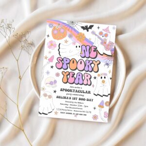Editable one spooky year halloween ghost 1st birthday invitation retro groovy rainbow ghost birthday hippie halloween instant download v9 1