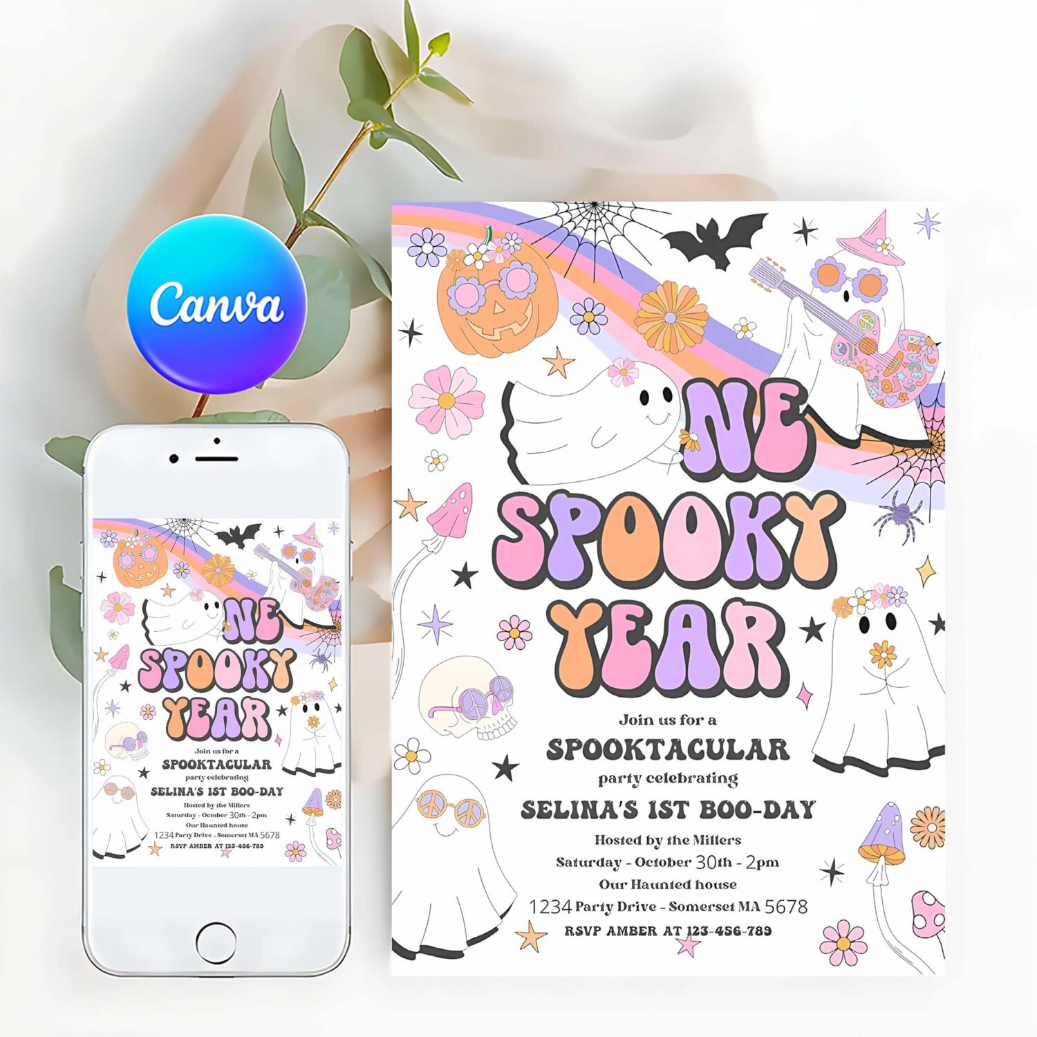 Editable one spooky year halloween ghost 1st birthday invitation retro groovy rainbow ghost birthday hippie halloween instant download v9
