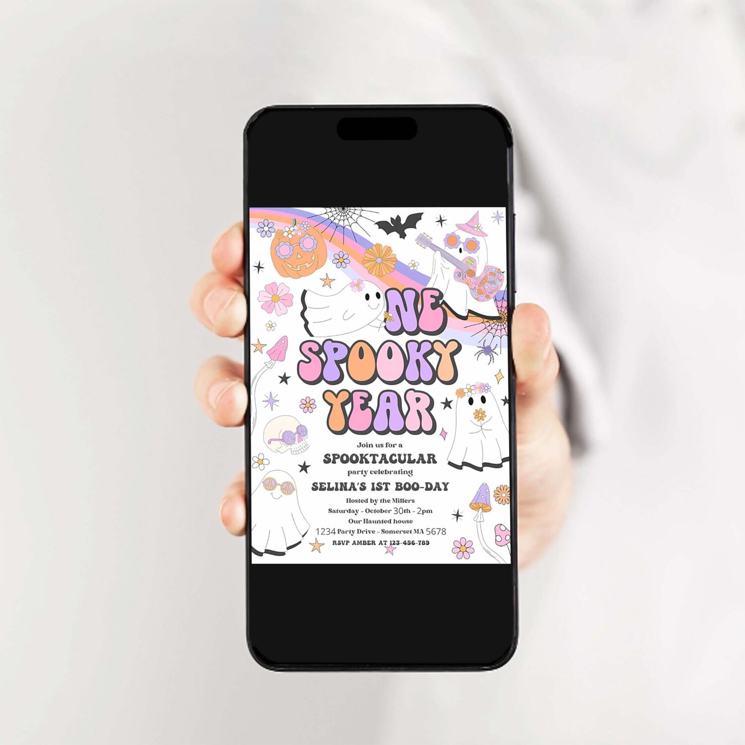 Editable one spooky year halloween ghost 1st birthday invitation retro groovy rainbow ghost birthday hippie halloween instant download v9 2