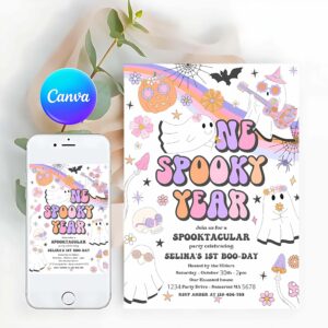 Spooky One Invitation, One Spooky Year Halloween Ghost 1st Birthday Invitation Retro Groovy Rainbow Ghost Birthday Hippie Halloween