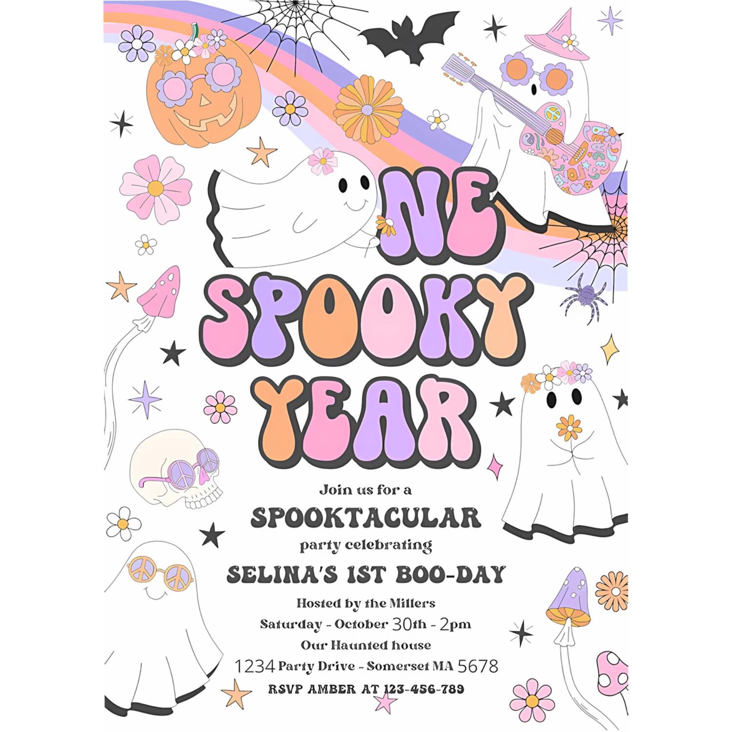 Editable one spooky year halloween ghost 1st birthday invitation retro groovy rainbow ghost birthday hippie halloween instant download v9 4