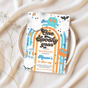 Editable one spooky year halloween ghost 1st birthday invitation retro groovy rainbow ghost birthday hippie halloween instant download vh 1