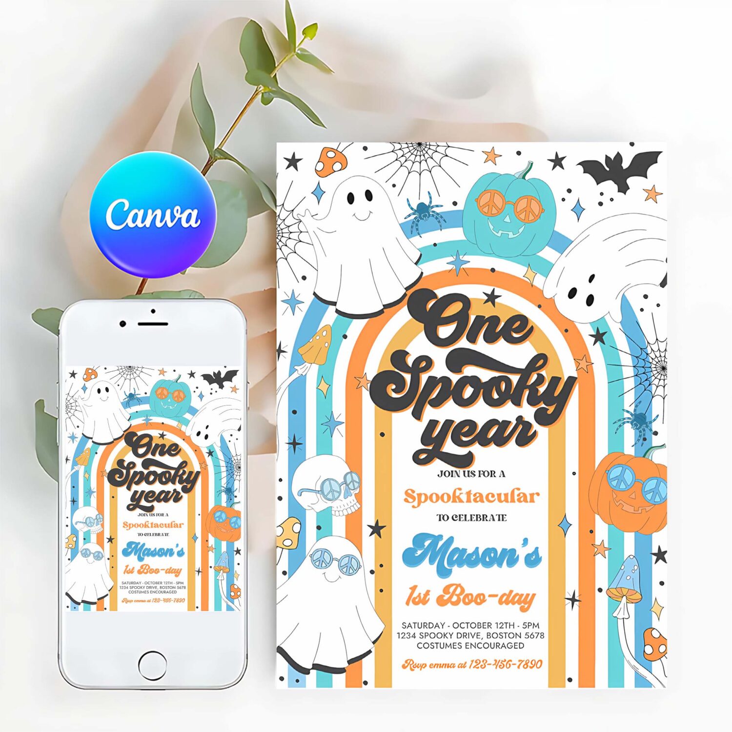 Editable one spooky year halloween ghost 1st birthday invitation retro groovy rainbow ghost birthday hippie halloween instant download vh